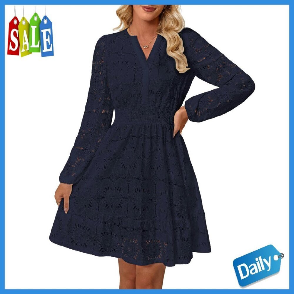 Long Puff Sleeve Floral Mini Dress V Neck Eyelet Lace Embroidery
